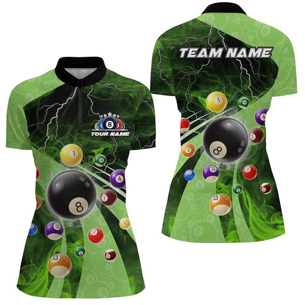 3D Billiard Balls Pool Shirts For Women Customized Lightning Billiard Jerseys Shorts Sleeve Green, Custom Billiards Jerseys, Billiard Gifts