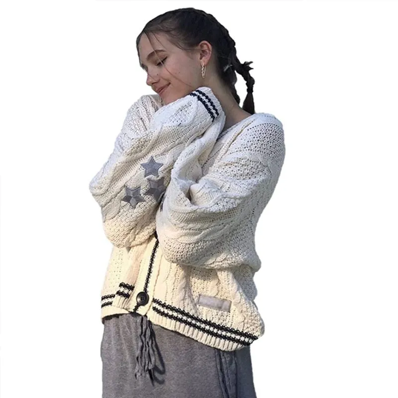Amy Fashion - Beige V-neck Star Embroidery Cardigan