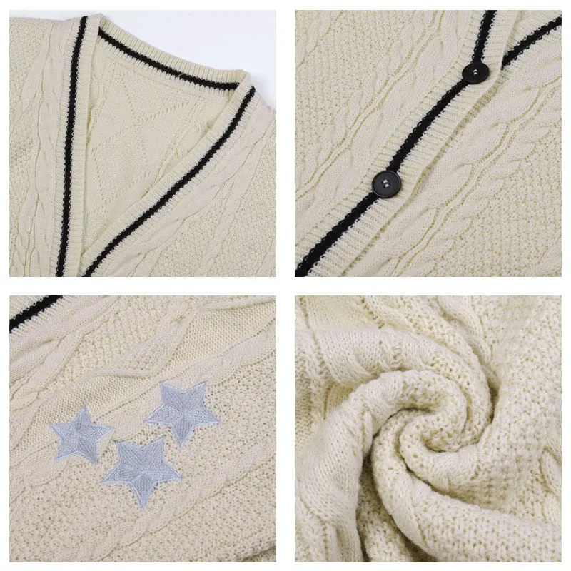 Amy Fashion - Beige V-neck Star Embroidery Cardigan