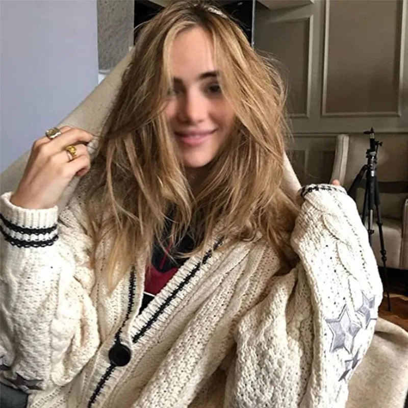 Amy Fashion - Beige V-neck Star Embroidery Cardigan