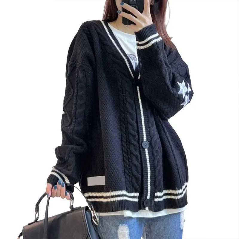 Amy Fashion - Beige V-neck Star Embroidery Cardigan