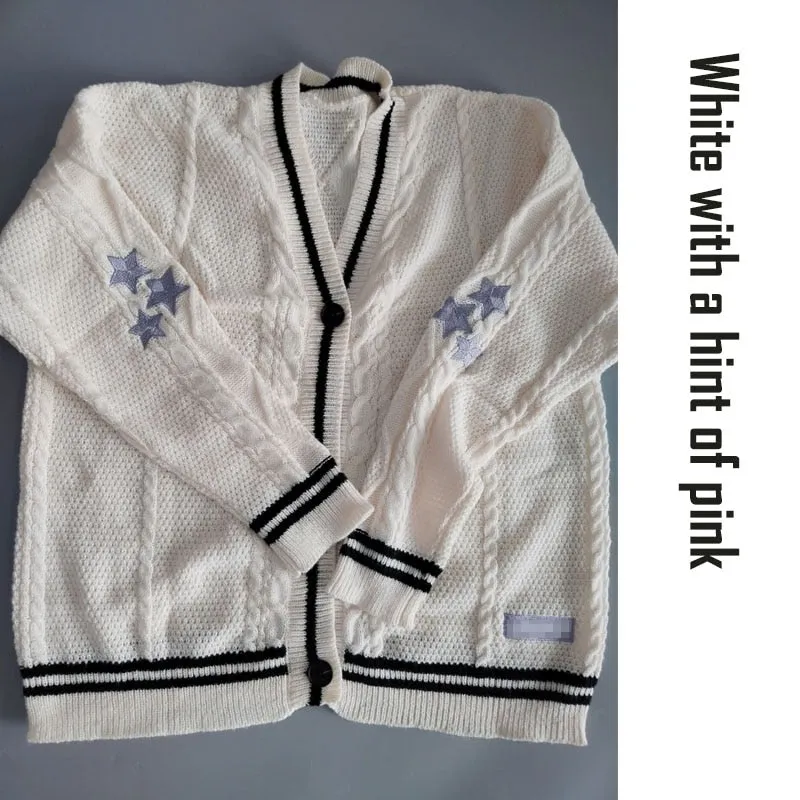 Amy Fashion - Beige V-neck Star Embroidery Cardigan
