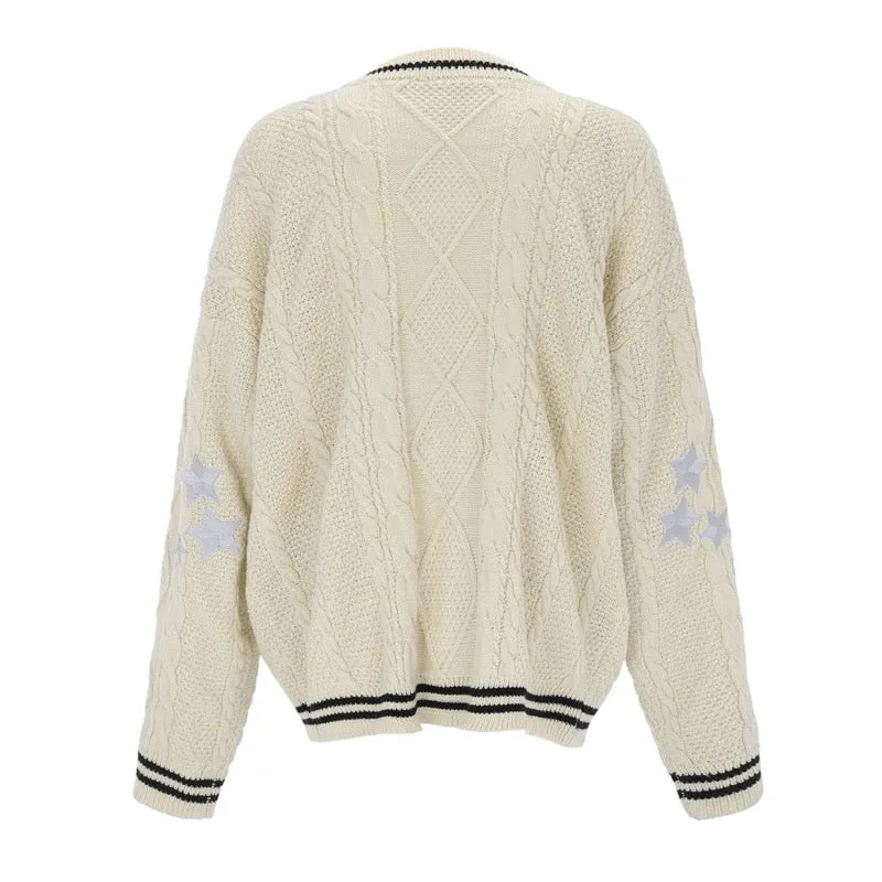 Amy Fashion - Beige V-neck Star Embroidery Cardigan