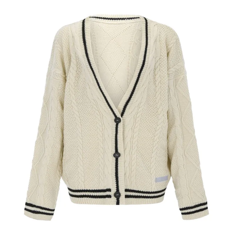 Amy Fashion - Beige V-neck Star Embroidery Cardigan