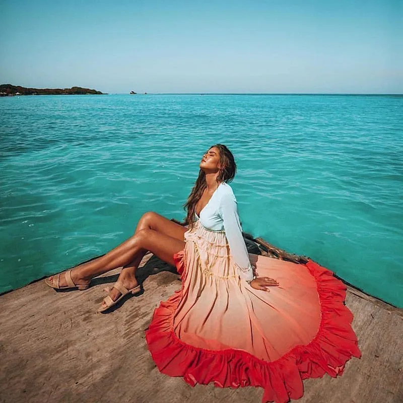 Amy Fashion - Bohemian Printing Gradient Elegant Maxi Dress