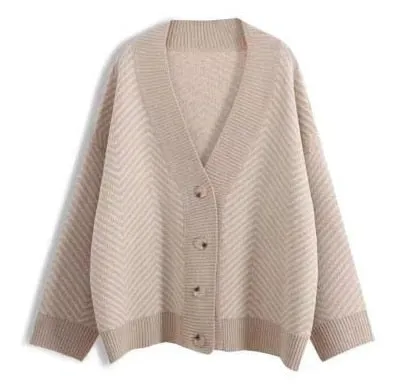 Amy Fashion - Casual Knitted Cardigan Oversize Button Front Contrast Stripe Cardigan