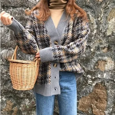 Amy Fashion - Casual Knitted Cardigan Oversize Button Front Contrast Stripe Cardigan
