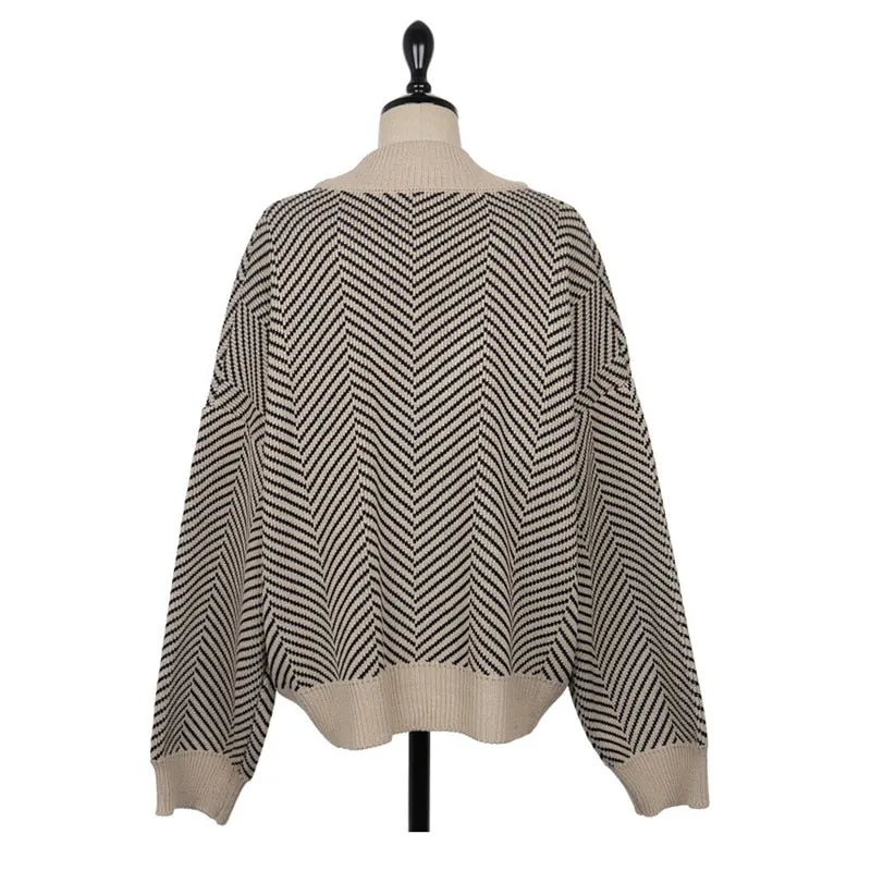 Amy Fashion - Casual Knitted Cardigan Oversize Button Front Contrast Stripe Cardigan