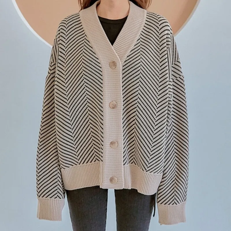 Amy Fashion - Casual Knitted Cardigan Oversize Button Front Contrast Stripe Cardigan