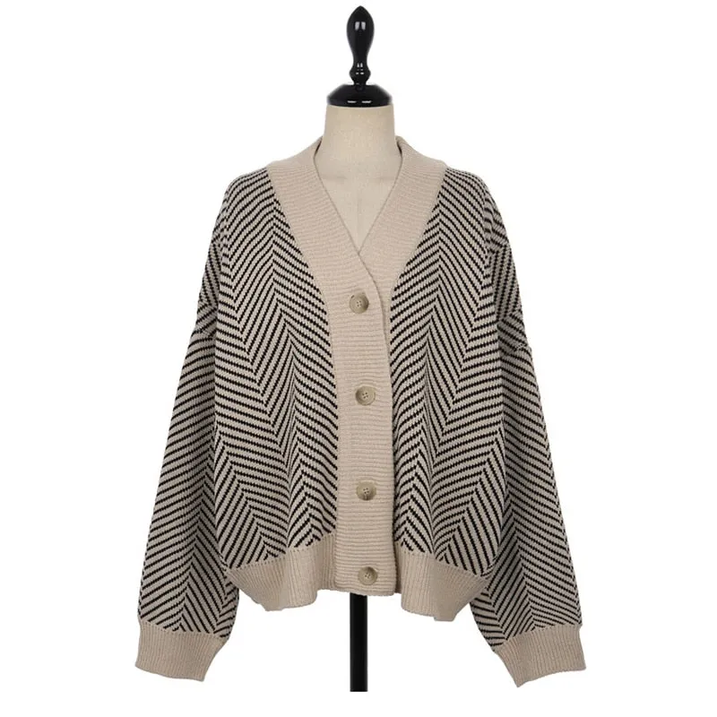 Amy Fashion - Casual Knitted Cardigan Oversize Button Front Contrast Stripe Cardigan