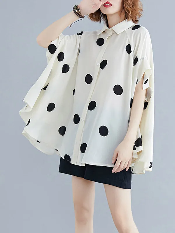Batwing Sleeves Half Sleeves Buttoned Polka-Dot Lapel Blouses&Shirts Tops