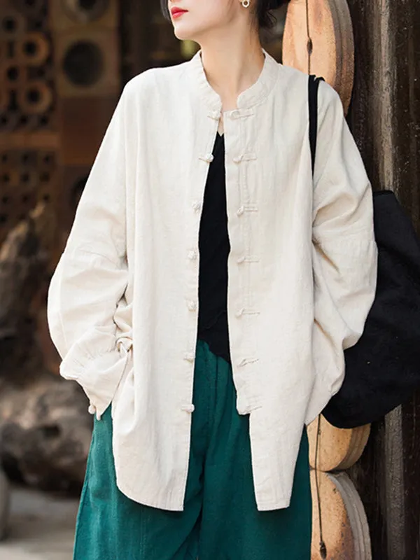 Batwing Sleeves Loose Chinese Frog Buttons Pleated Solid Color Split-Joint Stand Collar Blouses