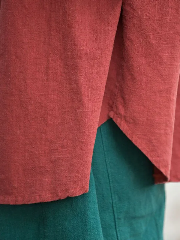 Batwing Sleeves Loose Chinese Frog Buttons Pleated Solid Color Split-Joint Stand Collar Blouses