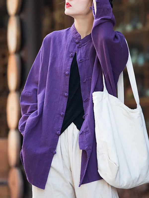 Batwing Sleeves Loose Chinese Frog Buttons Pleated Solid Color Split-Joint Stand Collar Blouses