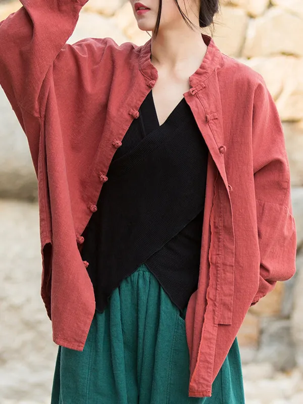 Batwing Sleeves Loose Chinese Frog Buttons Pleated Solid Color Split-Joint Stand Collar Blouses