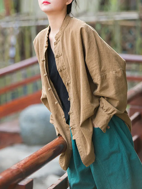 Batwing Sleeves Loose Chinese Frog Buttons Pleated Solid Color Split-Joint Stand Collar Blouses