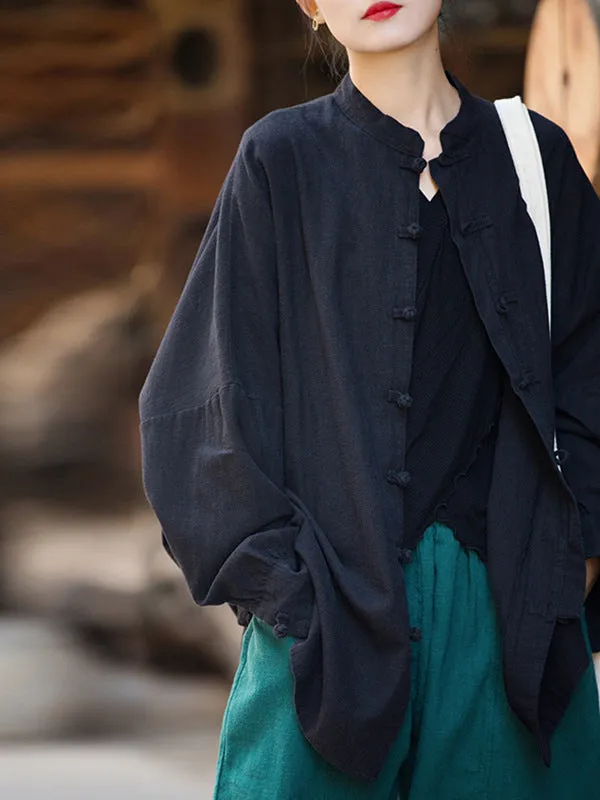 Batwing Sleeves Loose Chinese Frog Buttons Pleated Solid Color Split-Joint Stand Collar Blouses