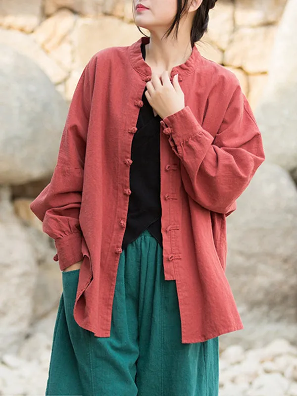 Batwing Sleeves Loose Chinese Frog Buttons Pleated Solid Color Split-Joint Stand Collar Blouses