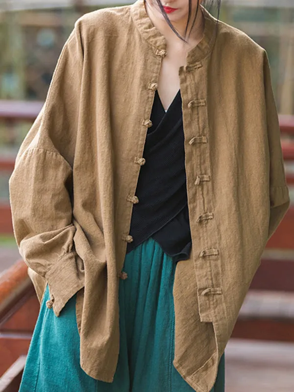 Batwing Sleeves Loose Chinese Frog Buttons Pleated Solid Color Split-Joint Stand Collar Blouses
