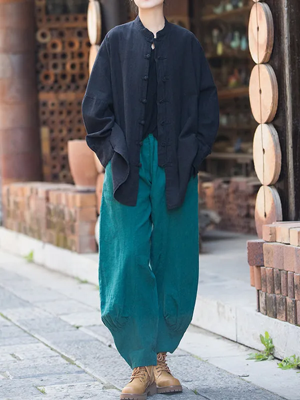 Batwing Sleeves Loose Chinese Frog Buttons Pleated Solid Color Split-Joint Stand Collar Blouses