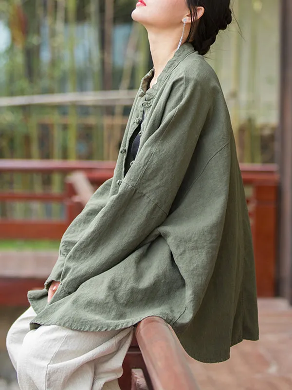 Batwing Sleeves Loose Chinese Frog Buttons Pleated Solid Color Split-Joint Stand Collar Blouses