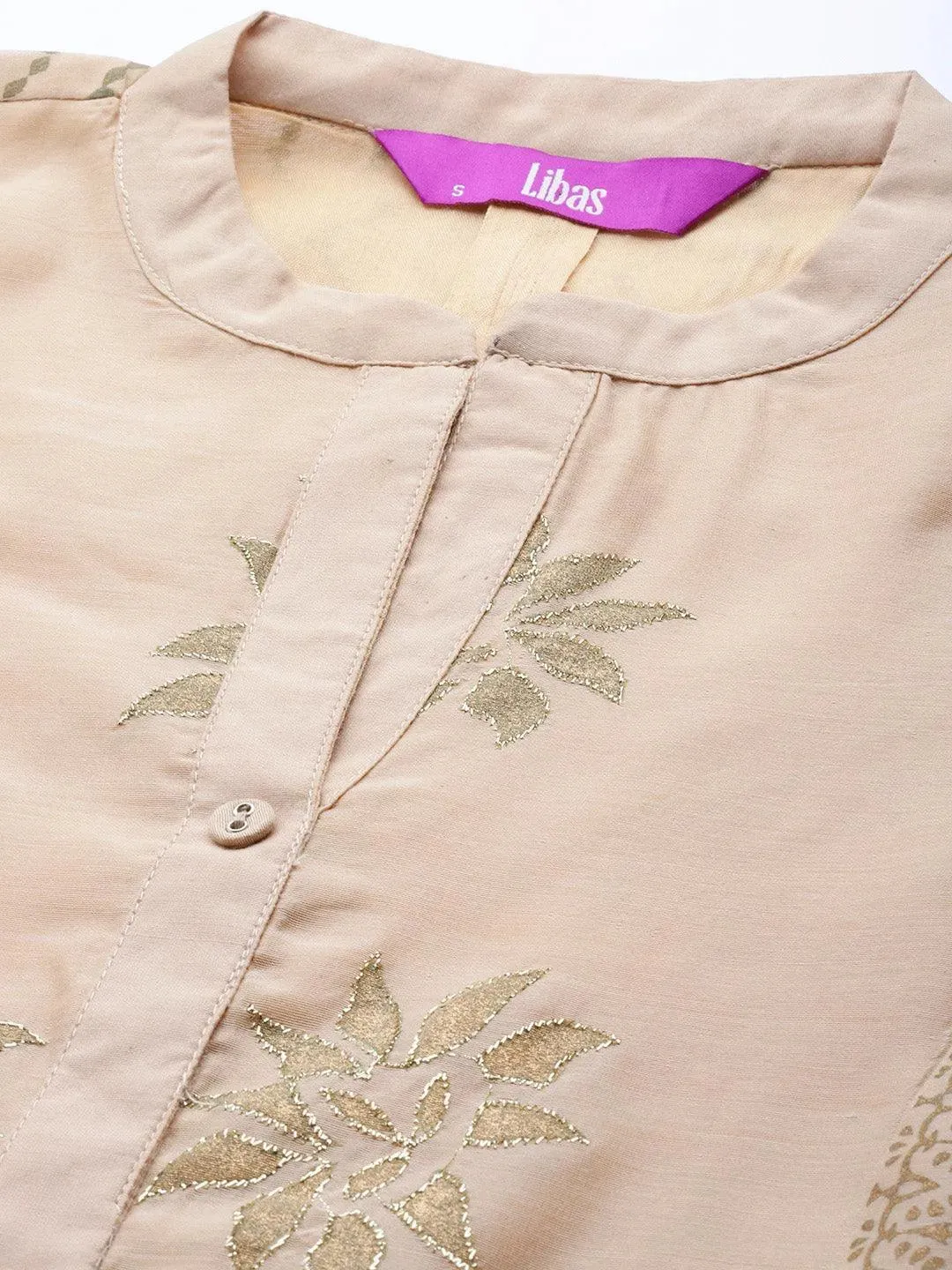 Beige Embroidered Chanderi Silk A-Line Kurta With Palazzos & Dupatta
