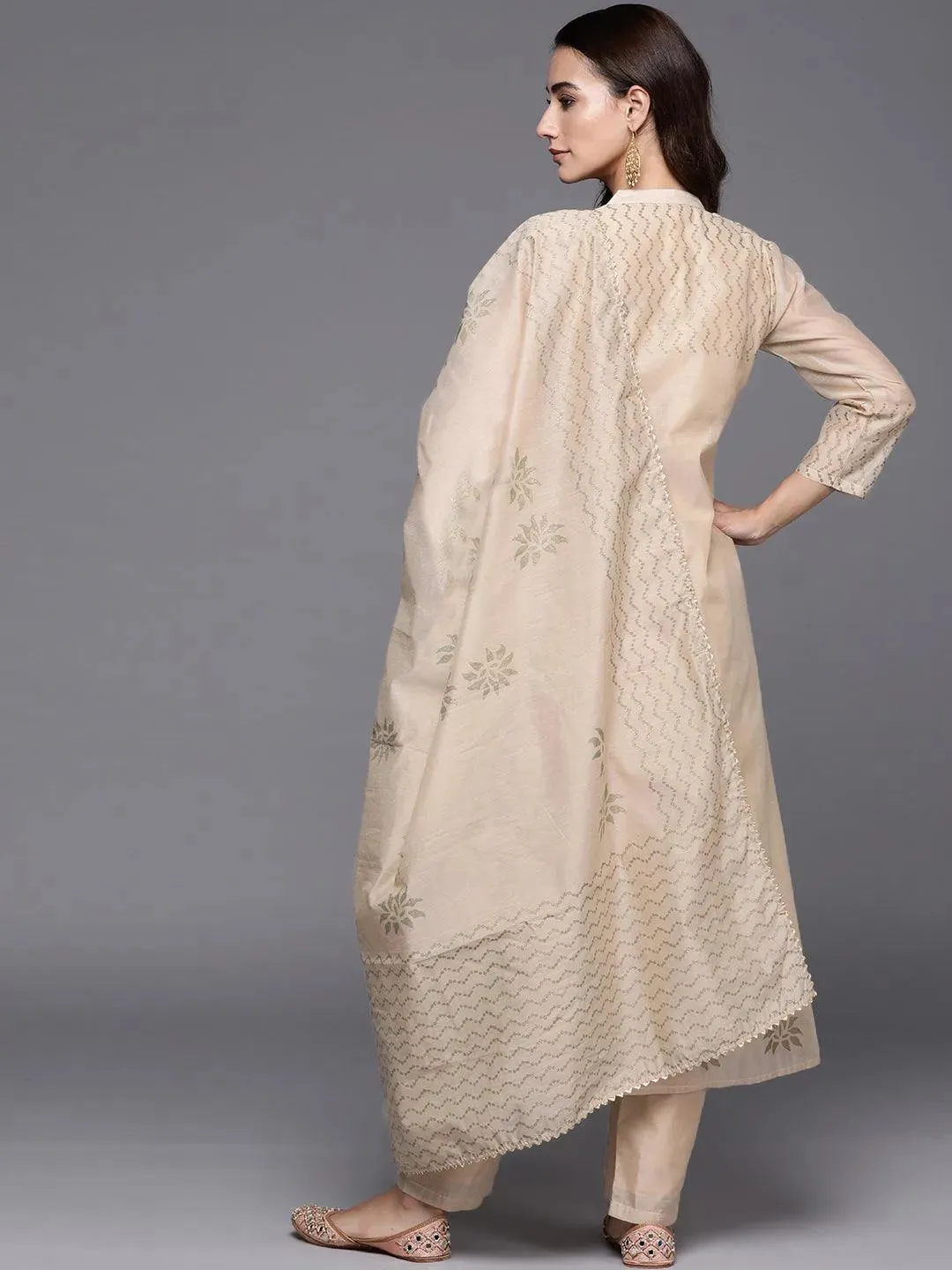 Beige Embroidered Chanderi Silk A-Line Kurta With Palazzos & Dupatta