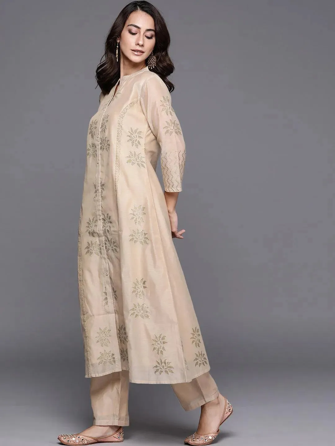 Beige Embroidered Chanderi Silk A-Line Kurta With Palazzos & Dupatta