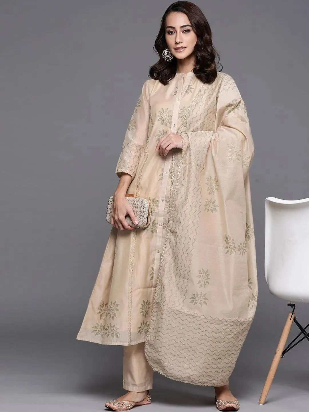 Beige Embroidered Chanderi Silk A-Line Kurta With Palazzos & Dupatta