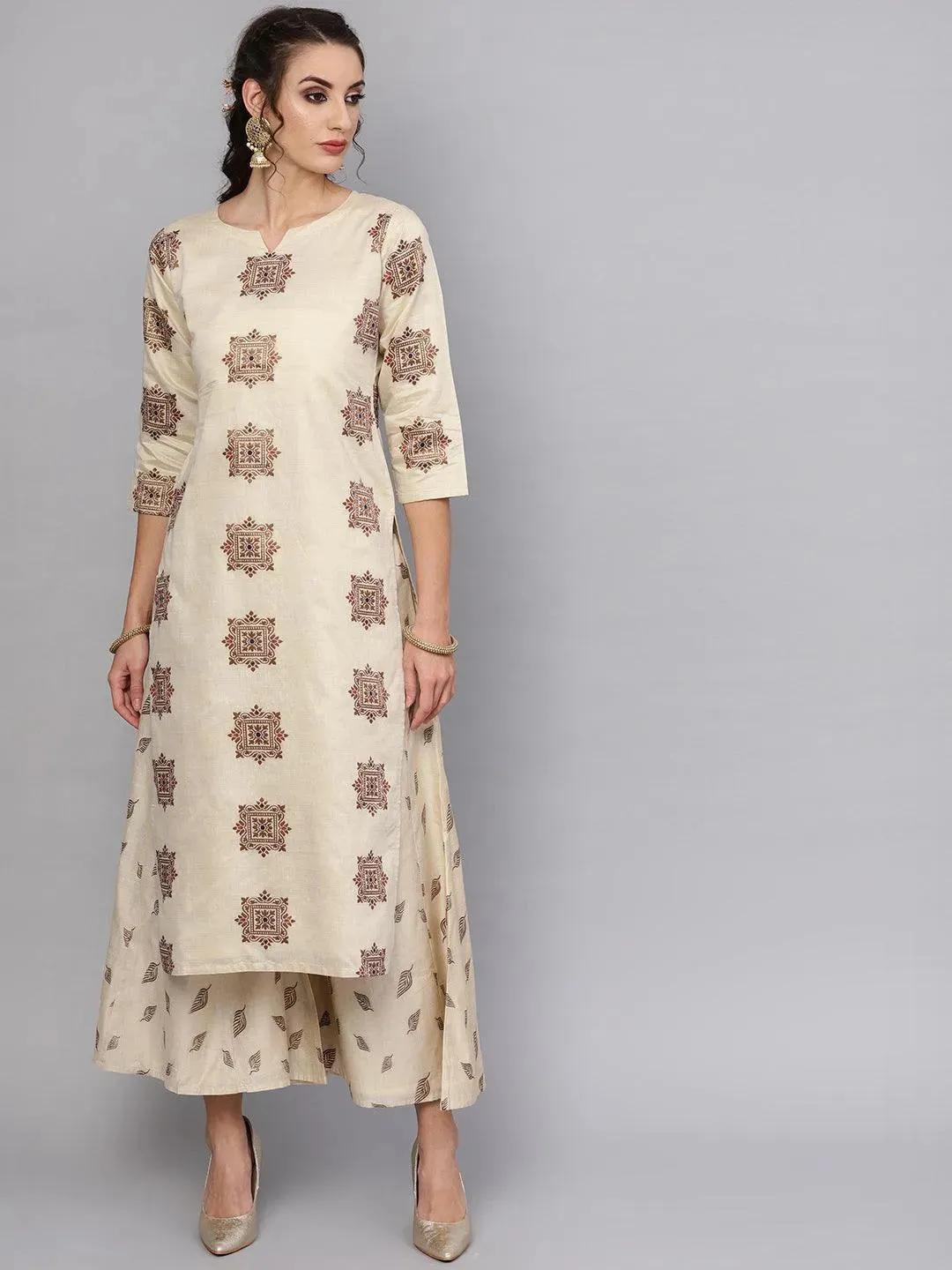 Beige Embroidered Chanderi Silk Straight Kurta With Palazzos