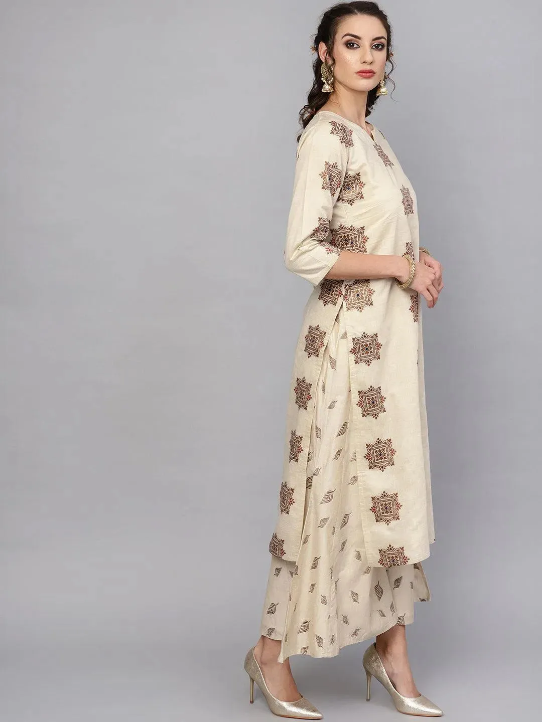 Beige Embroidered Chanderi Silk Straight Kurta With Palazzos