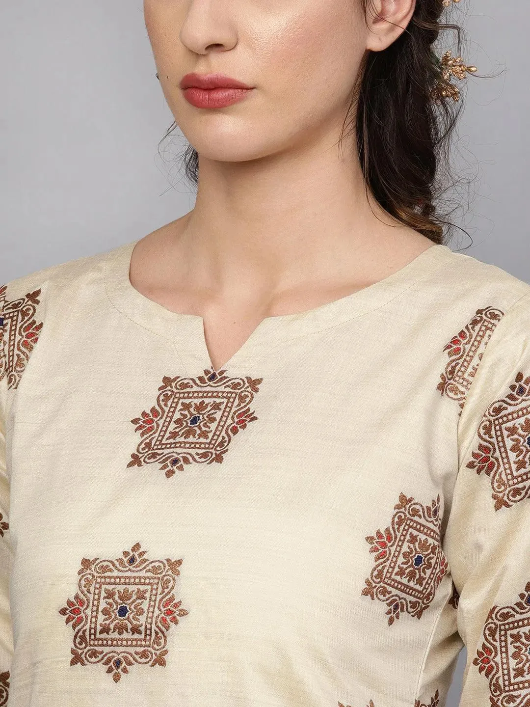 Beige Embroidered Chanderi Silk Straight Kurta With Palazzos