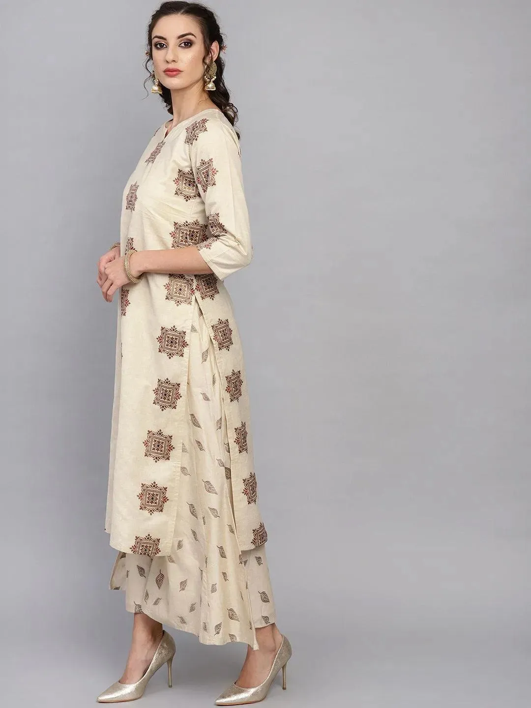 Beige Embroidered Chanderi Silk Straight Kurta With Palazzos