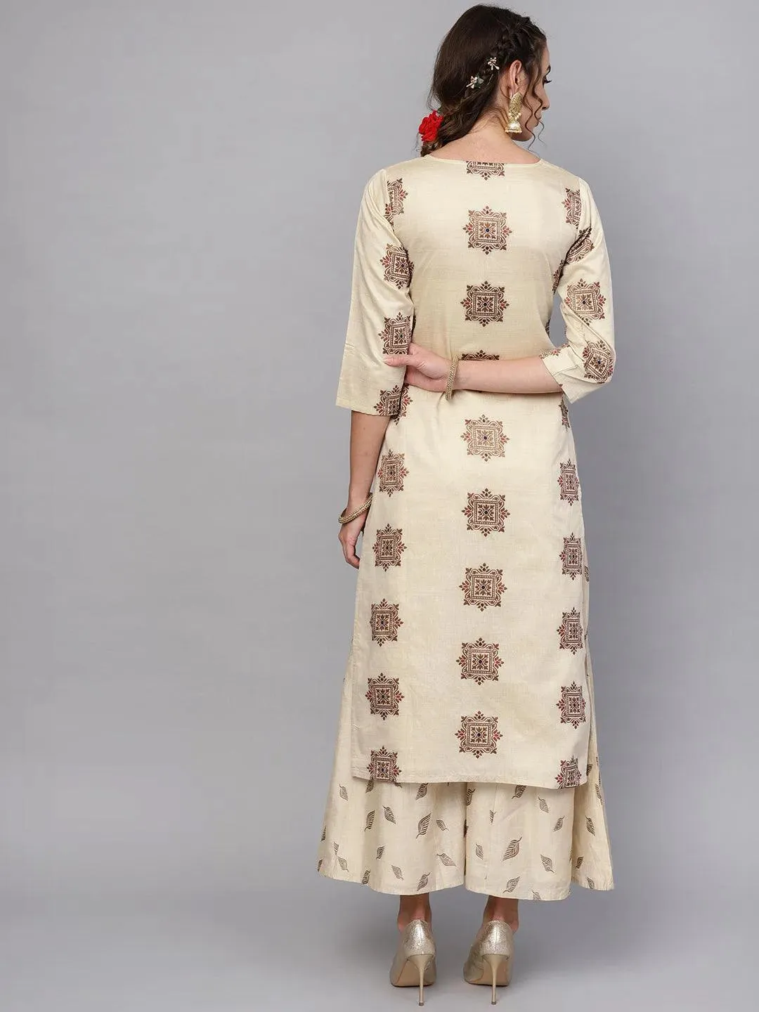 Beige Embroidered Chanderi Silk Straight Kurta With Palazzos