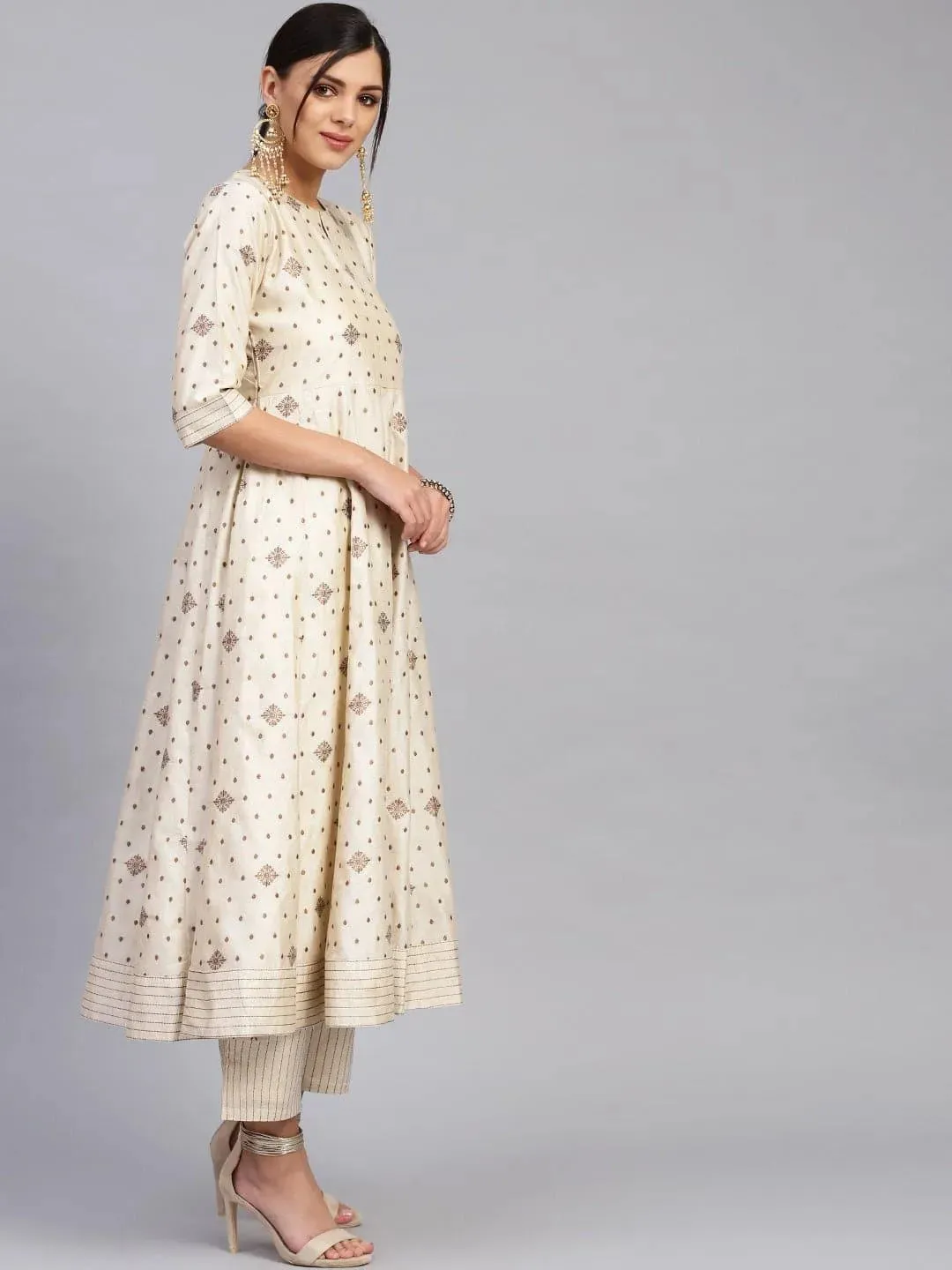 Beige Self Design Chanderi Silk Anarkali Kurta With Palazzos