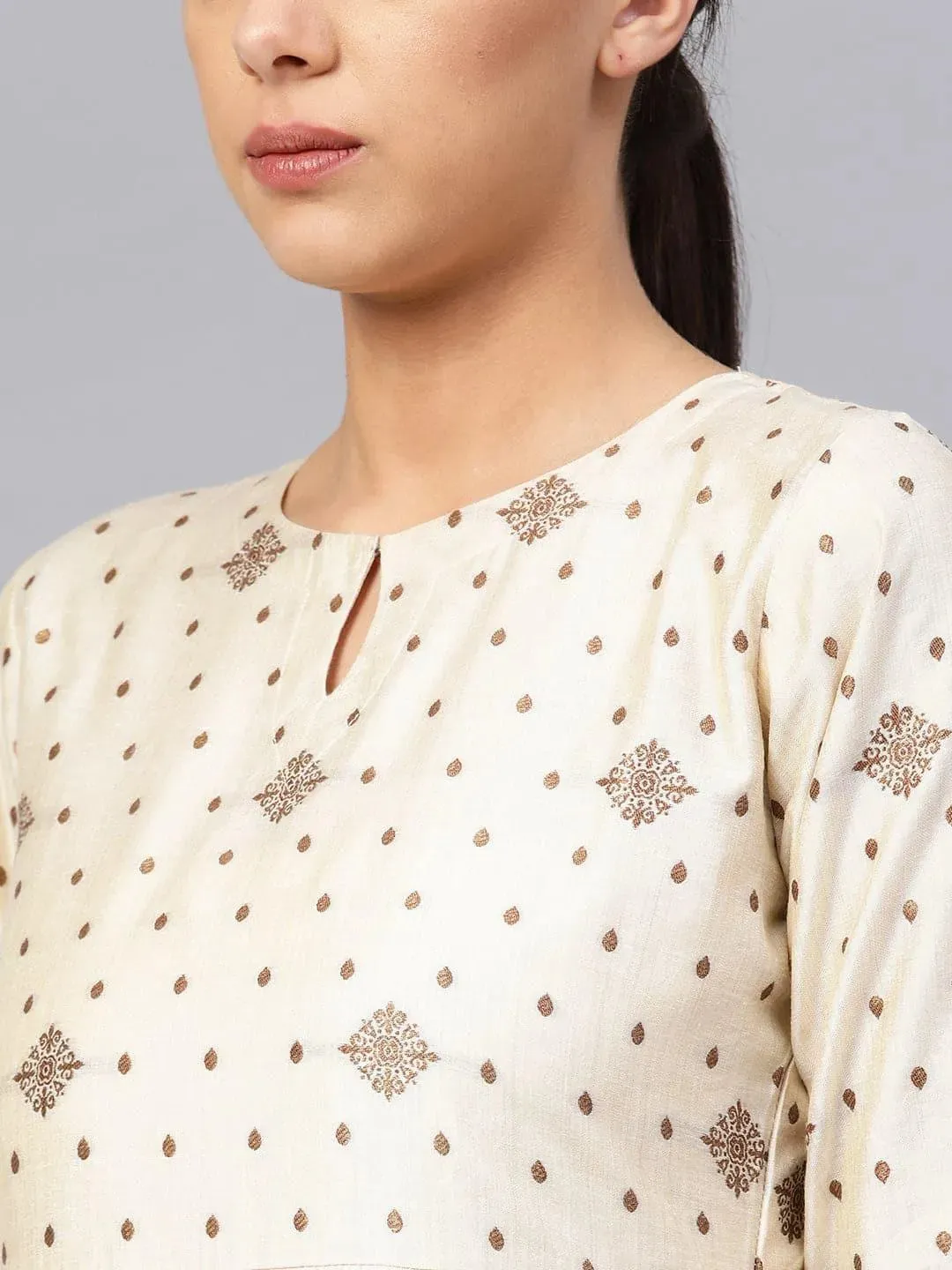 Beige Self Design Chanderi Silk Anarkali Kurta With Palazzos