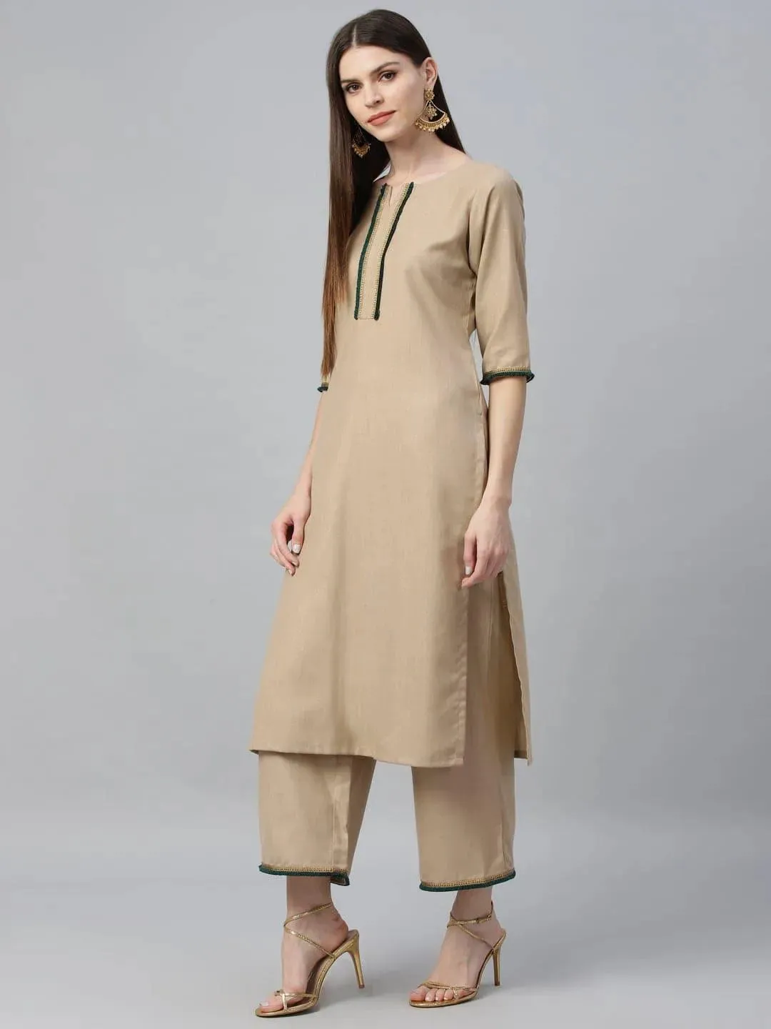Beige Solid Cotton Straight Kurta With Palazzos & Dupatta
