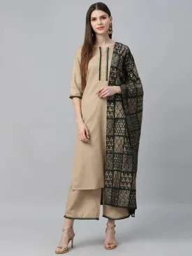 Beige Solid Cotton Straight Kurta With Palazzos & Dupatta