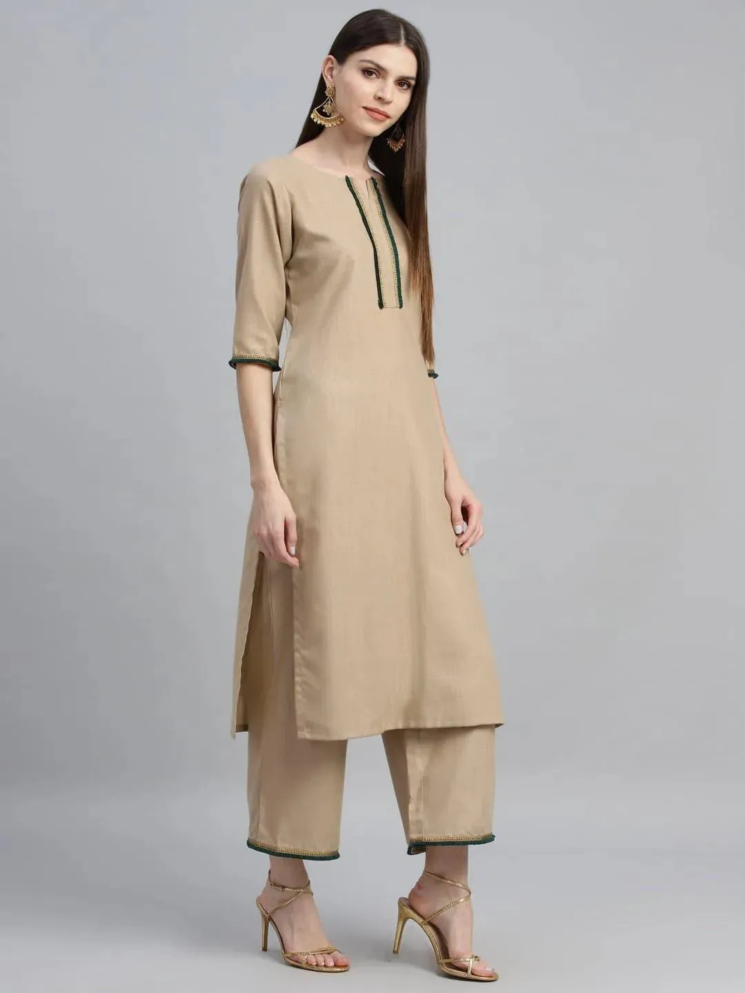 Beige Solid Cotton Straight Kurta With Palazzos & Dupatta