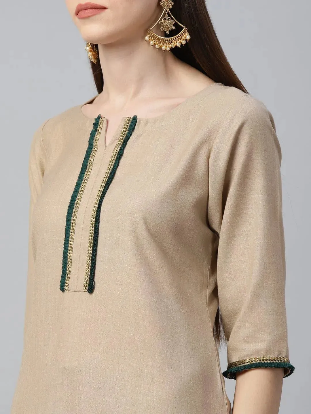 Beige Solid Cotton Straight Kurta With Palazzos & Dupatta