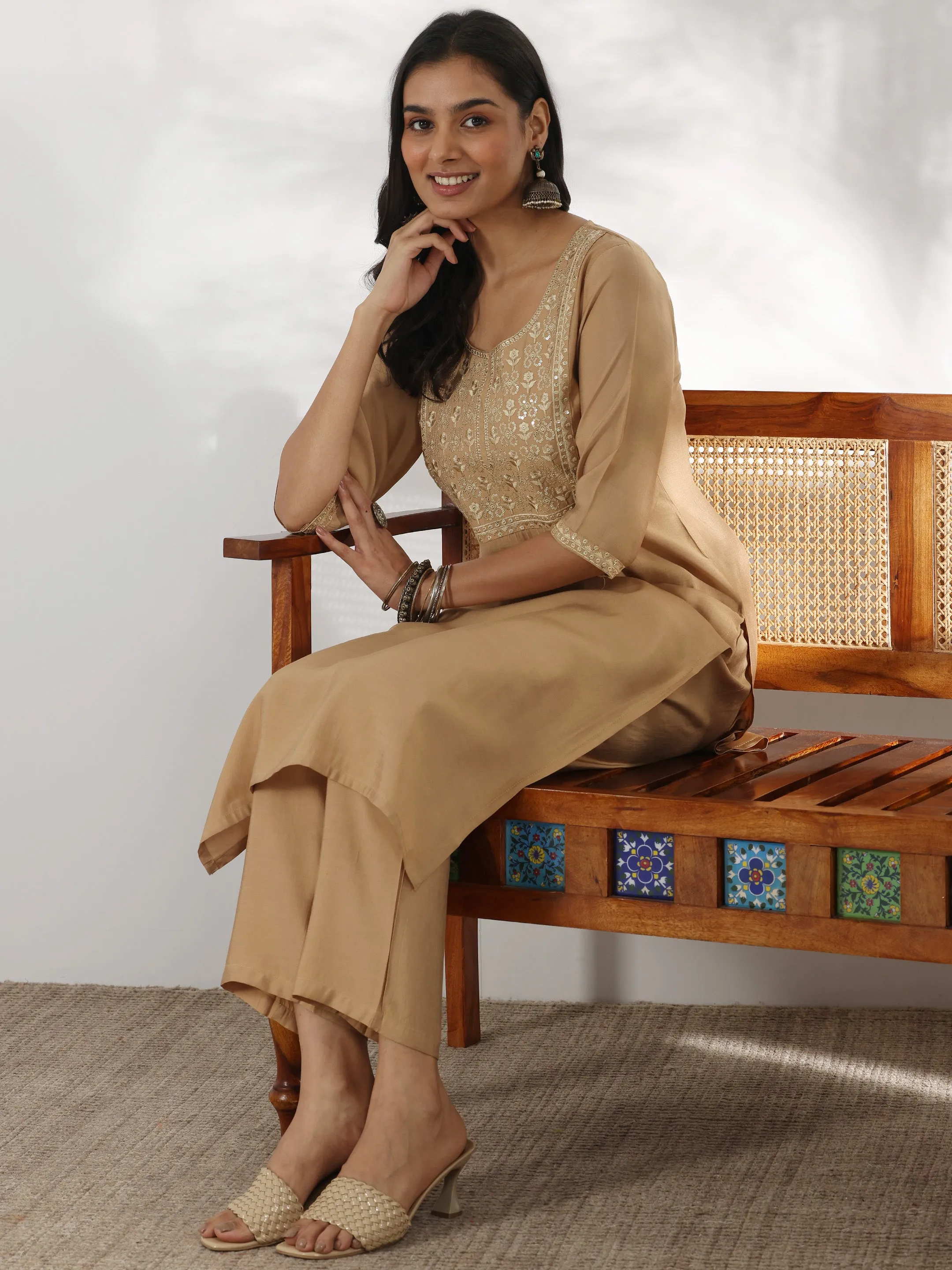 Beige Yoke Design Silk Blend Straight Suit With Dupatta
