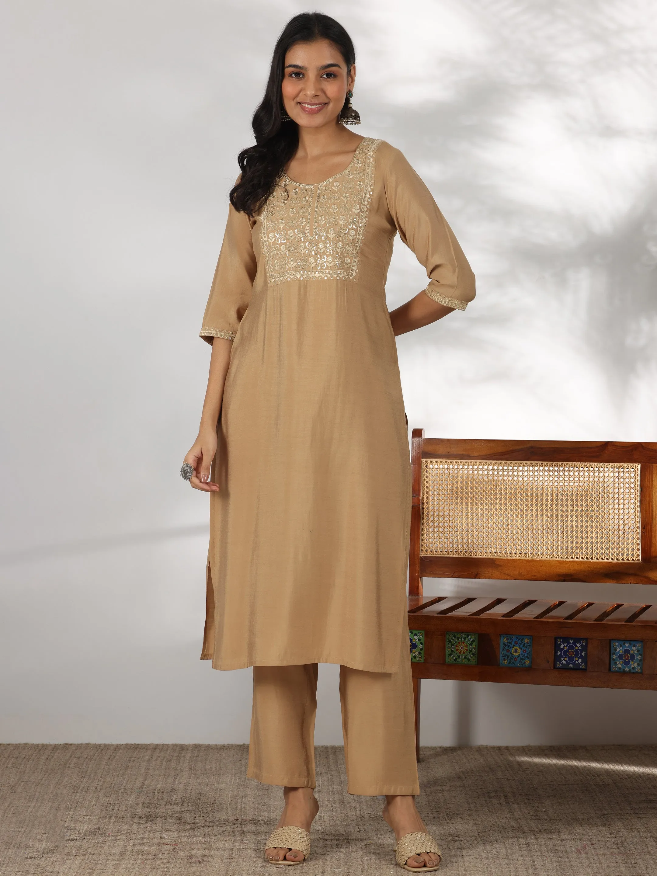 Beige Yoke Design Silk Blend Straight Suit With Dupatta