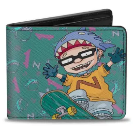 Bi-Fold Wallet - ROCKET POWER Sam Skateboard Pose   Text Scattered Icons Blues Purples Gold