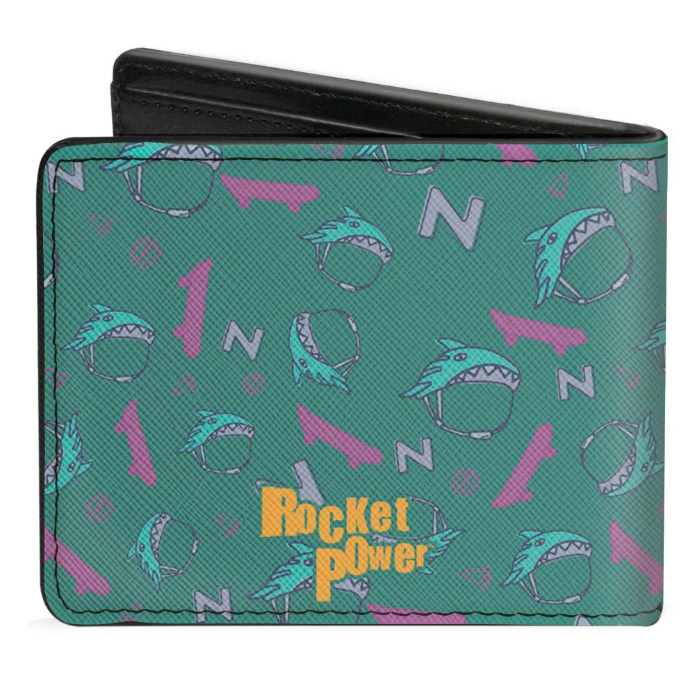 Bi-Fold Wallet - ROCKET POWER Sam Skateboard Pose   Text Scattered Icons Blues Purples Gold