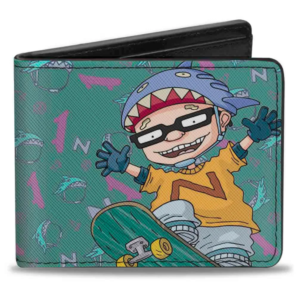 Bi-Fold Wallet - ROCKET POWER Sam Skateboard Pose   Text Scattered Icons Blues Purples Gold