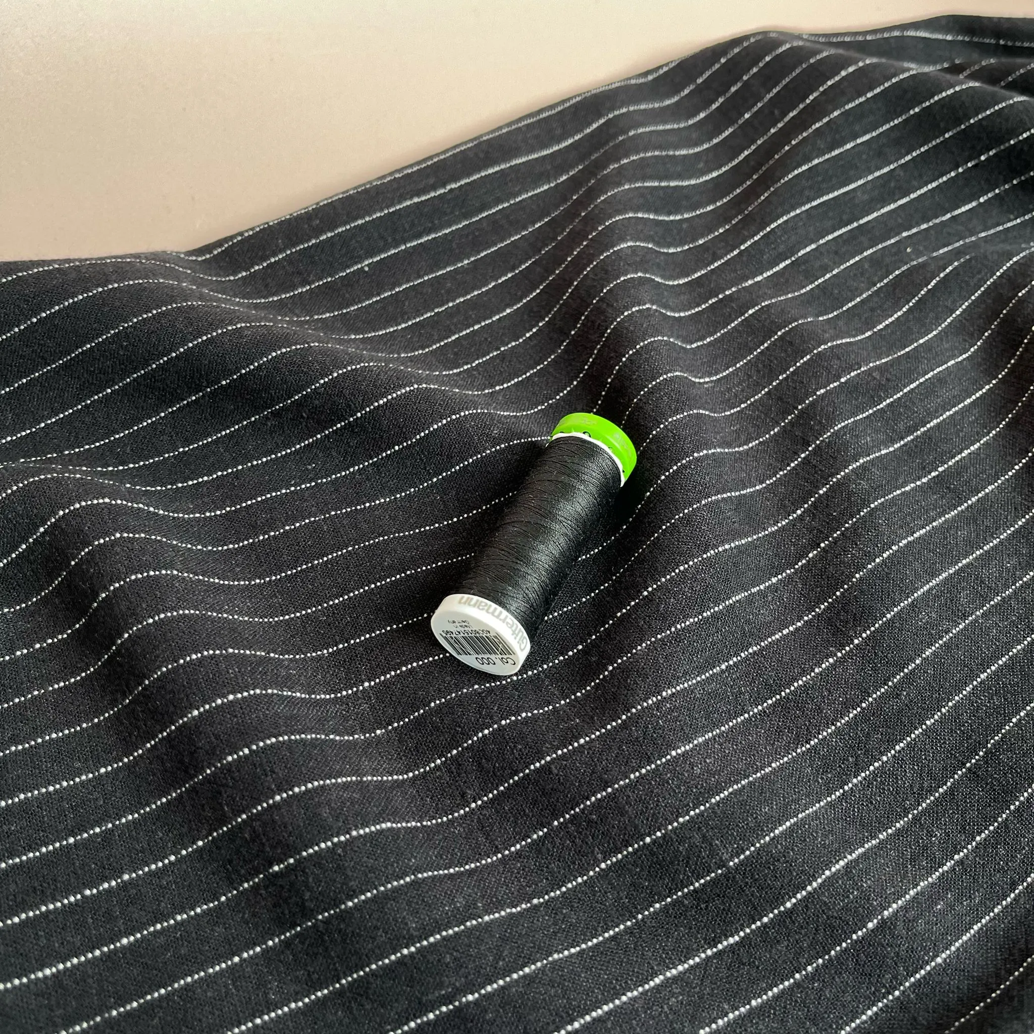Black Pinstripe Viscose Linen Noil Fabric