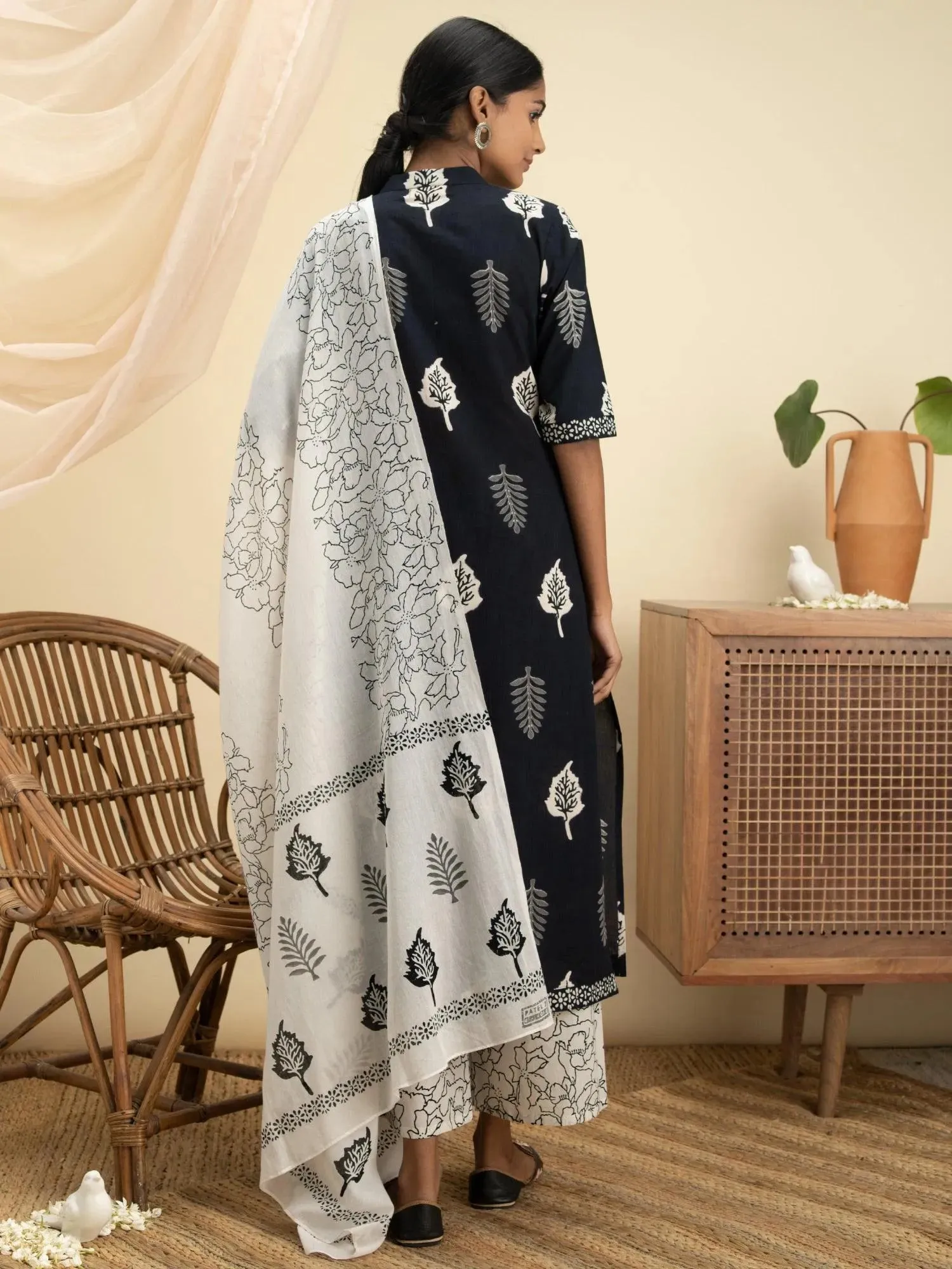 Black Printed Cotton Straight Kurta With Palazzos & Dupatta