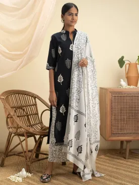 Black Printed Cotton Straight Kurta With Palazzos & Dupatta