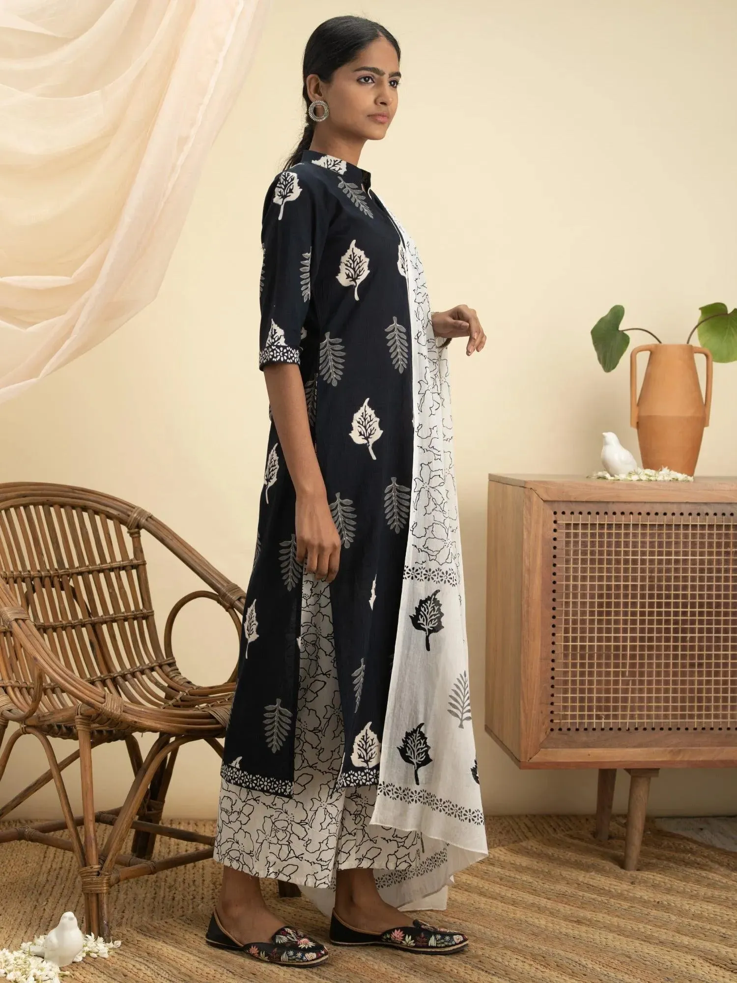Black Printed Cotton Straight Kurta With Palazzos & Dupatta