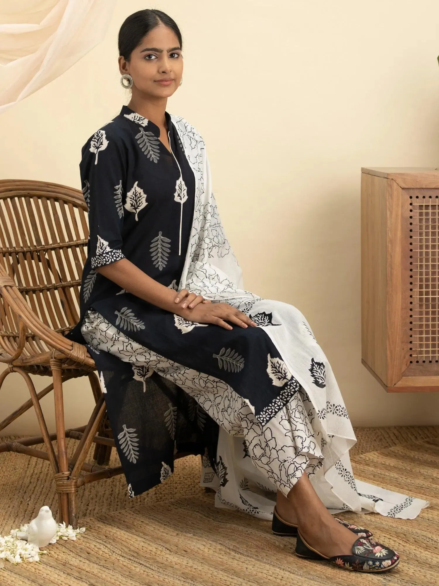 Black Printed Cotton Straight Kurta With Palazzos & Dupatta